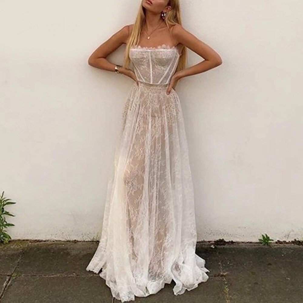 Ivylash White & Beige Embroidered Lace Maxi Dress